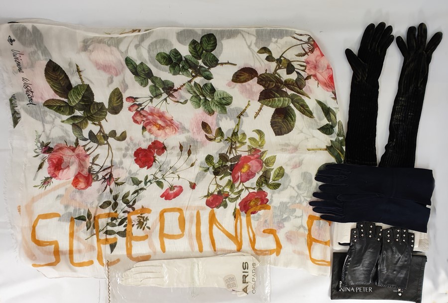 Vivienne Westwood scarf printed with roses and titled 'Sleeping Beauty', a Liberty linen black and