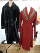 Three velvet jackets, a tan suede jacket, a faux-fur coat, a 1960's skirt suit in red and black