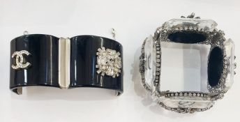 Chanel black and diamante cuff bracelet having double conjoined 'CC' set with diamante and