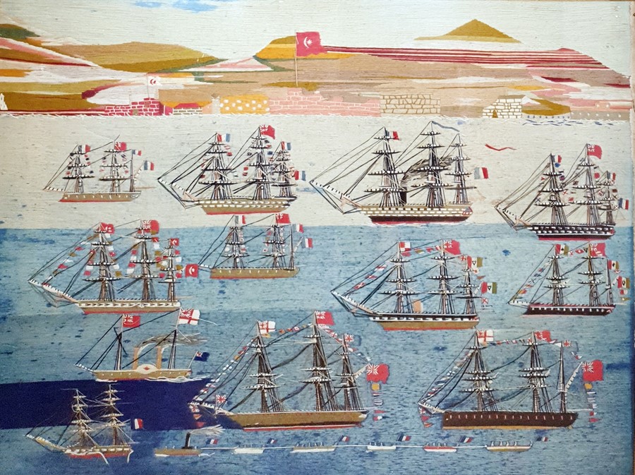 19th century woolwork embroidered and thread overlay picture of twelve variously two or three-masted