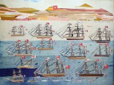 19th century woolwork embroidered and thread overlay picture of twelve variously two or three-masted