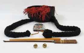 Chinese(?) black and navy silk hat with red tassel and gilt-metal pompom, possibly theatrical, a