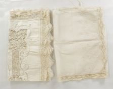 Cut and drawn thread tablecloth and a silk and embroidered lace pillow sham (2)