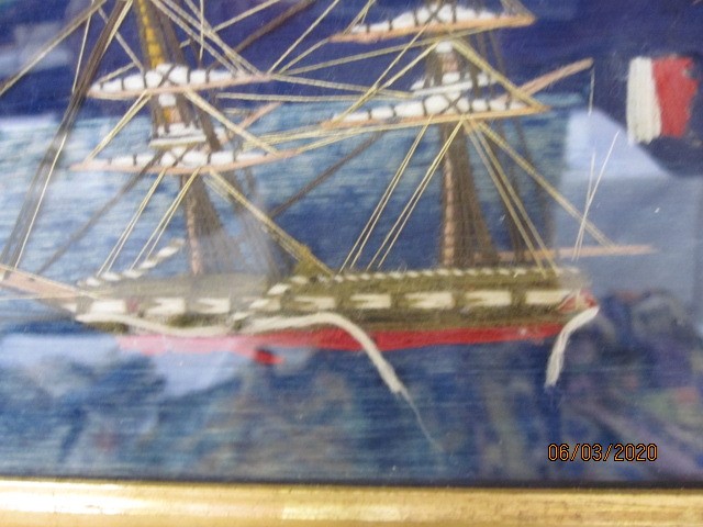 19th century woolwork embroidered and thread overlay picture of twelve variously two or three-masted - Image 6 of 11