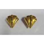Pair 18K gold earrings, each fan-shape and embossed, approx 7g