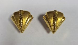 Pair 18K gold earrings, each fan-shape and embossed, approx 7g