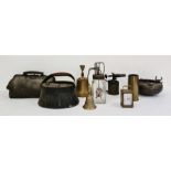Military brass cannon shell, a brass bell, a pewter tankard, a leather Gladstone bag and a metal