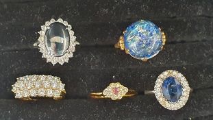 14ct gold and white stone set dress ring set three rows of stones, two other cluster dress rings,