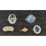 14ct gold and white stone set dress ring set three rows of stones, two other cluster dress rings,