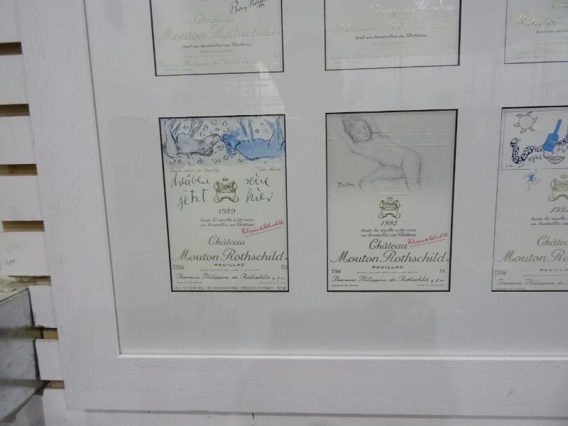 Framed wine labels mainly Chateau Mouton Rothschild and a box of canvas prints of wine labels (1 box - Image 7 of 17