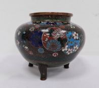 Japanese cloisonne enamel koro, bulbous and raised on three rudimentary supports, allover