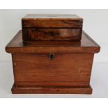 19th century figured walnut box with inlaid cartouche, the interior lined with silk together with