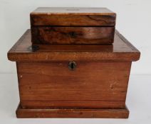 19th century figured walnut box with inlaid cartouche, the interior lined with silk together with