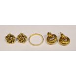 9ct gold wedding ring, approx 2g (worn) and two pairs of gold-coloured earrings