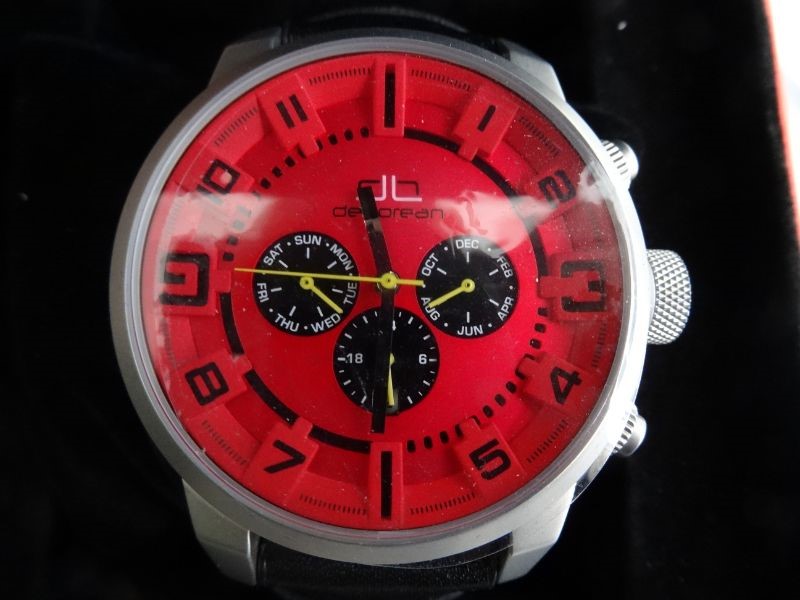 Gent's deLorean chronograph-style stainless steel wristwatch with red dial, three subsidiary black
