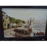 Oil on board Mediterranean harbour scene, signed Caminiti Watercolour drawing  Young girl in a mob