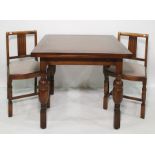 20th century oak draw-leaf table with turned and block supports and four chairs (5)