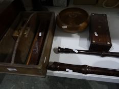 Chess pieces, a wood cutlery tray, recorders, boxes, etc