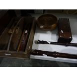 Chess pieces, a wood cutlery tray, recorders, boxes, etc