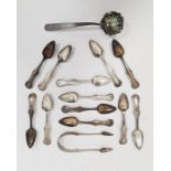 Set of 12 foreign white metal, possibly continental, silver teaspoons with shaped handles,