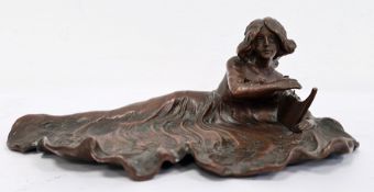 WMF-style bronze-effect pen stand in the Art Nouveau taste of reclining woman playing lyre