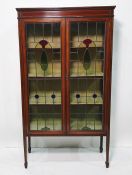 Early 20th century mahogany and satinwood strung display cabinet, with two glazed and leaded doors