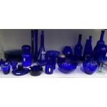 Large quantity of Bristol Blue style glass vases, bottles, bowls, jug, etc and a set of eight