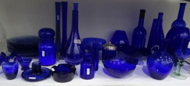 Large quantity of Bristol Blue style glass vases, bottles, bowls, jug, etc and a set of eight