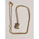 14K gold and diamond pendant, X-shape and set two rows of small diamonds and the 14K gold fine chain