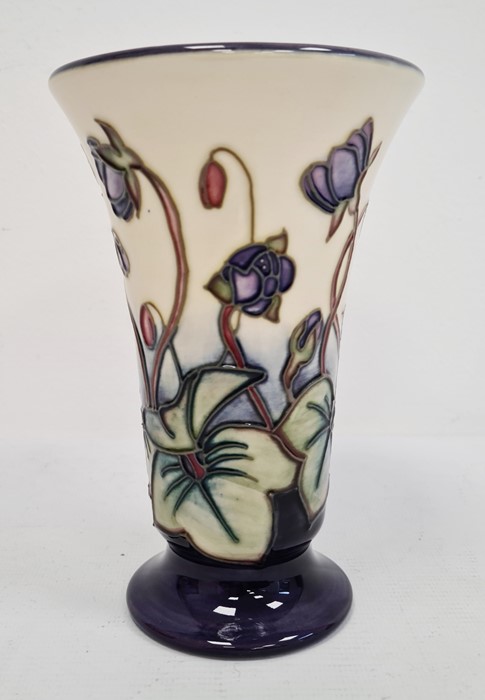 Moorcroft vase of tapering form, cream ground with blue base, violet decoration, initialled ‘JW’ and - Image 4 of 6