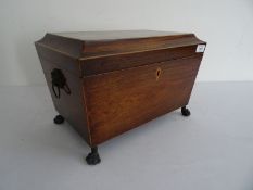 19th century rosewood and satinwood  inlaid tea caddy box on four carved claw feet, the interior