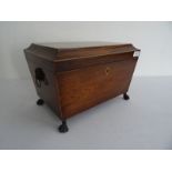 19th century rosewood and satinwood  inlaid tea caddy box on four carved claw feet, the interior