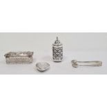 Edwardian silver pepperette, cylindrical with finial to the pierced lid, guilloche piercing to the