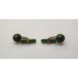 Pair 9ct gold, jade and seed pearl cufflinks, each dome and chain link pattern