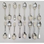 16 assorted Victorian silver fiddle pattern teaspoons, various dates and makers, 12.4 ozt