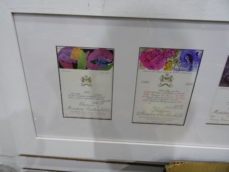 Framed wine labels mainly Chateau Mouton Rothschild and a box of canvas prints of wine labels (1 box - Image 9 of 17