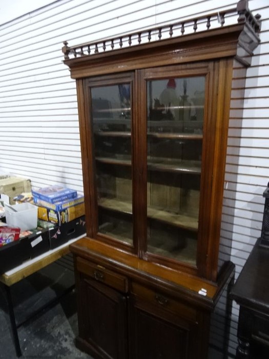 Edwardian walnut bookcase with two glazed doors enclosing shelves, above two drawers and two - Image 2 of 4