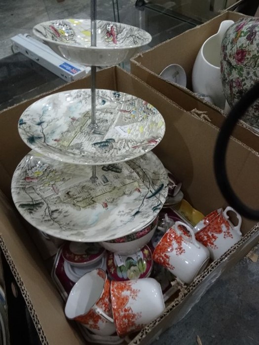 Four boxes of assorted miscellaneous chinaware to include three-tier porcelain cake stand, - Image 4 of 6