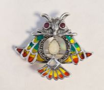 Silver owl brooch/pendant set with opal, rubies and marcasites and inlaid with enamel