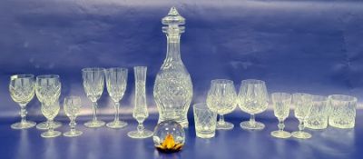 Waterford cut glass decanter, relief diamond cut to the inverse baluster body and the matching