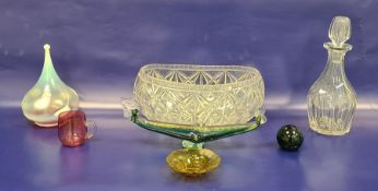 Vaseline-type glass lamp shade of ogee form, four items of coloured glass, a cut glass decanter