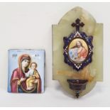 Russian enamel plaque featuring Virgin Mary and Baby Jesus, 9cm x 7.5cm and a further wall-hanging