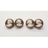 Pair of gold and carved shell cameo cufflinks, each circular and displaying female profile bust