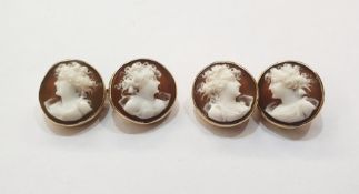 Pair of gold and carved shell cameo cufflinks, each circular and displaying female profile bust