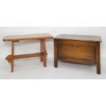 20th century oak blanket box and a coffee table on trestle-type base , and a further box (3)