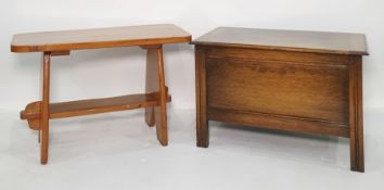 20th century oak blanket box and a coffee table on trestle-type base , and a further box (3)