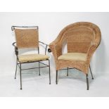 Wicker tub-type chair and an iron-framed chair (2)