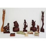 Collection of carved hardwood figures to include a pair of busts and various Asian ladies, a model