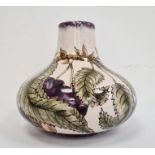 Cobridge squat baluster-shaped vase decorated with plums on vine, marked to base ‘RB’ and ‘GP’,
