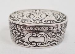 Probably late 19th century continental silver-coloured patchbox, possibly Austro-Hungarian, oval and